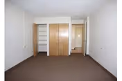 Empty room with brown carpet, white walls, and two wooden closets with open doors showing shelves inside. There is a doorway leading to another room with a window visible in the background.