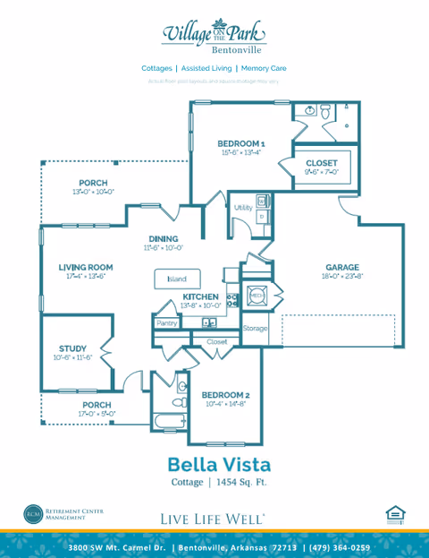 Floor plan of Bella Vista cottage at Village on the Park Bentonville showing layout with two bedrooms, a study, living room, dining area, kitchen with island and pantry, two porches, utility room, storage, garage, and closets.
