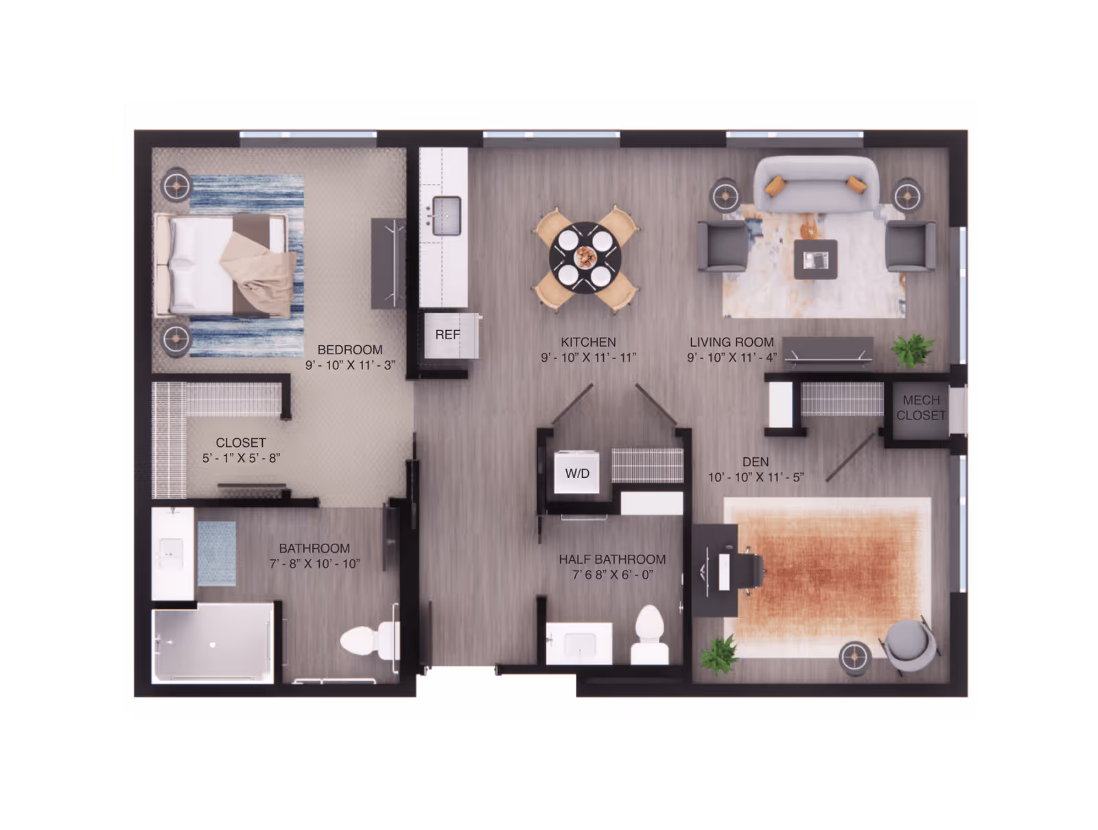 Floor plan of an apartment at The Gallery at Spokane Assisted & Senior Living showing a bedroom with a bed and closet, a bathroom with a shower and toilet, a kitchen with a dining table and chairs, a living room with sofa and chairs, a den with a desk and chair, a half bathroom, a washer/dryer area, and a mechanical closet.