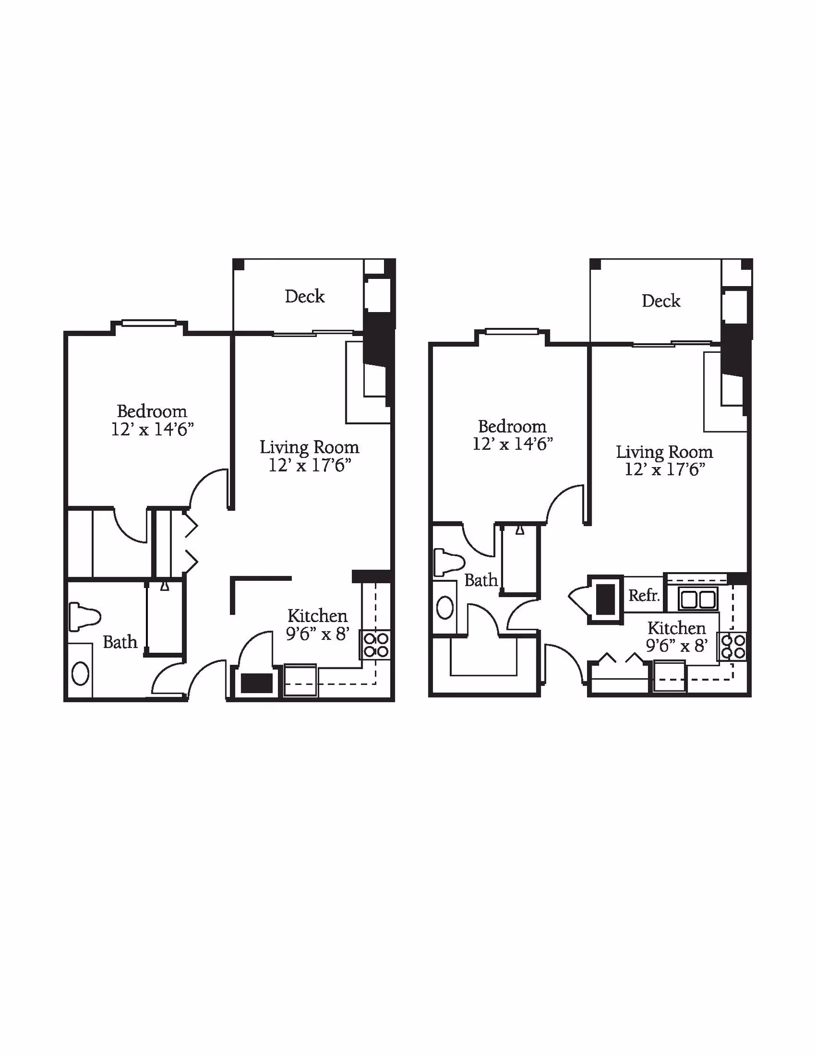 Two similar architectural floor plans side by side, each showing a layout with a bedroom measuring 12 feet by 14 feet 6 inches, a living room measuring 12 feet by 17 feet 6 inches, a kitchen measuring 9 feet 6 inches by 8 feet, a bathroom, and a deck area.