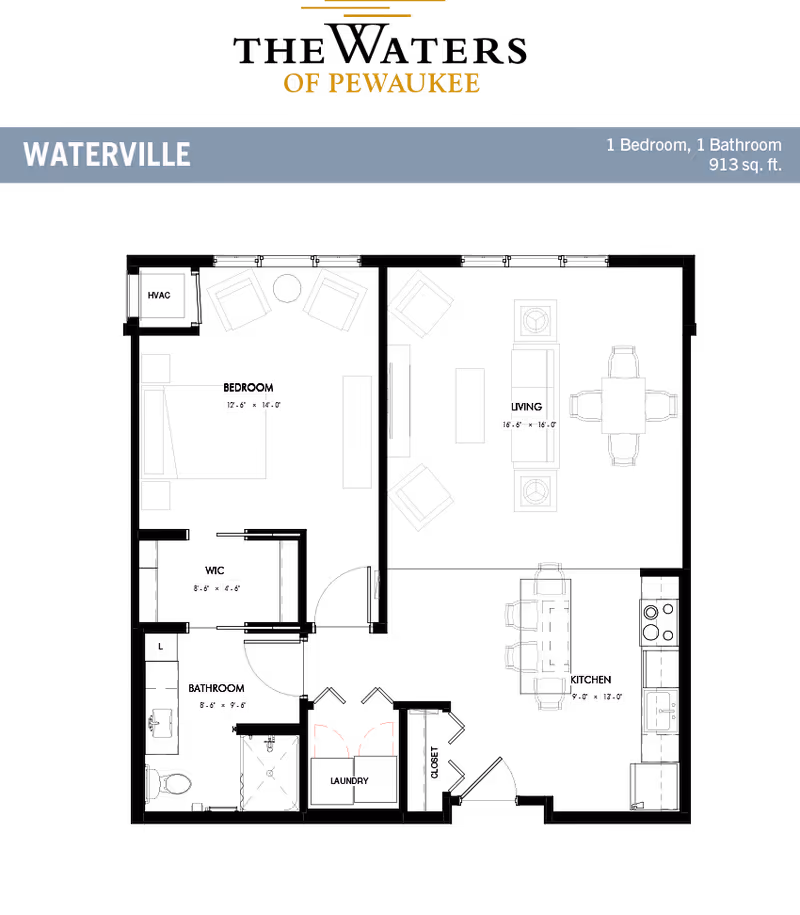 Architectural floor plan of a 1 bedroom, 1 bathroom apartment named Waterville at The Waters of Pewaukee, showing layout with labeled areas including bedroom, living room, kitchen, bathroom, walk-in closet, laundry, and HVAC.
