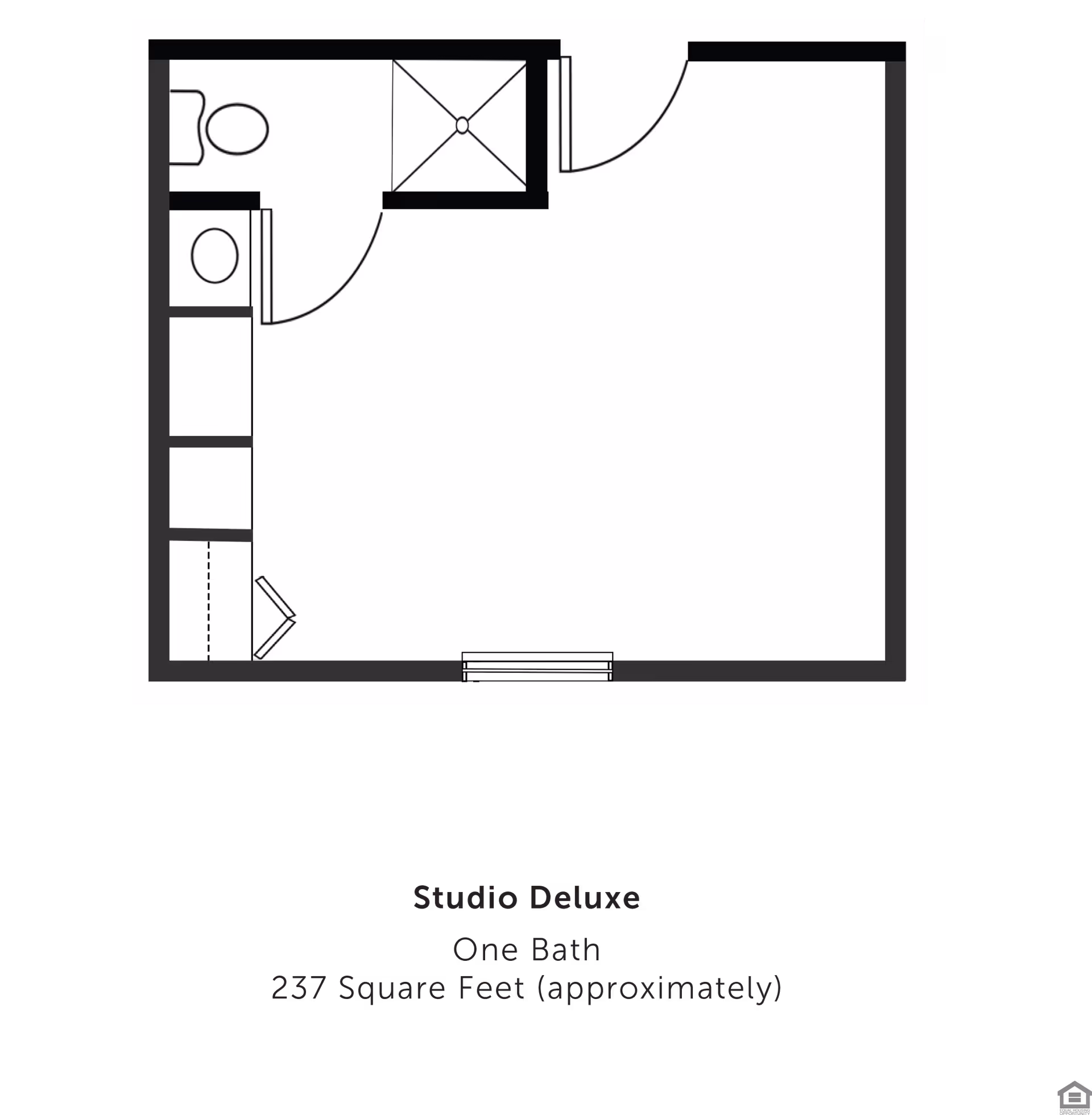 Black-and-white floor plan labeled "Studio Deluxe" showing a 237 sq ft one-bath studio with a main room, bathroom, closet, and entry.