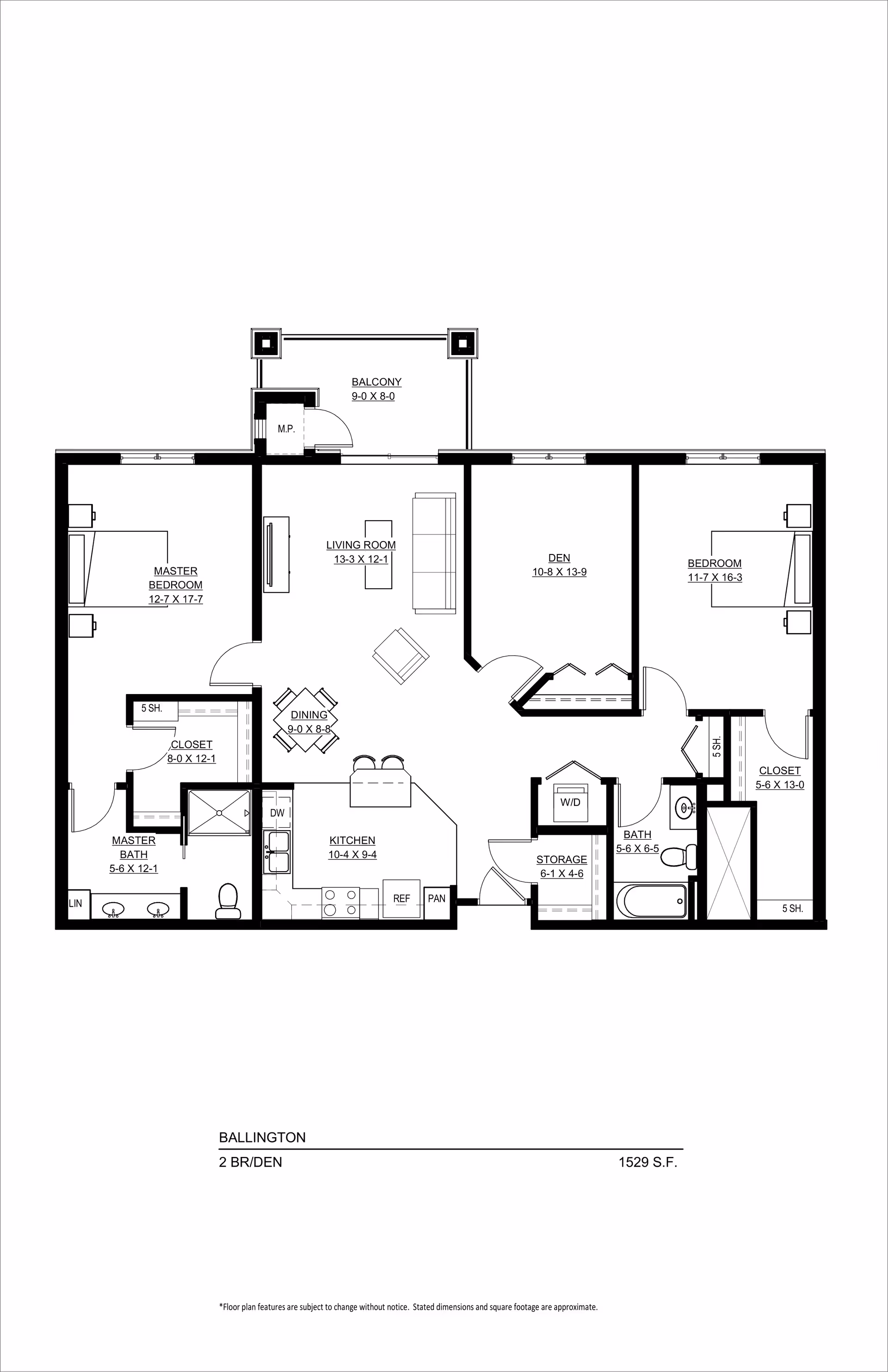 Architectural floor plan of a 2-bedroom plus den apartment named Ballington, showing dimensions and layout including master bedroom with bath and closet, second bedroom with closet, den, living room, dining area, kitchen, two bathrooms, storage, washer/dryer area, and balcony.