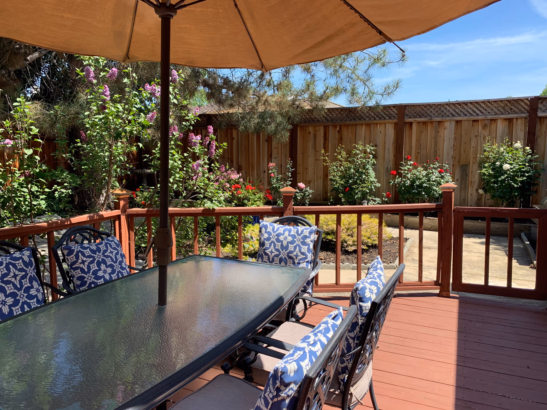 Outdoor patio area with a glass-top table surrounded by six chairs with blue and white patterned cushions. A large beige umbrella provides shade over the table. The patio is enclosed by a wooden railing and surrounded by a garden with various flowering plants and a wooden fence in the background under a clear blue sky.