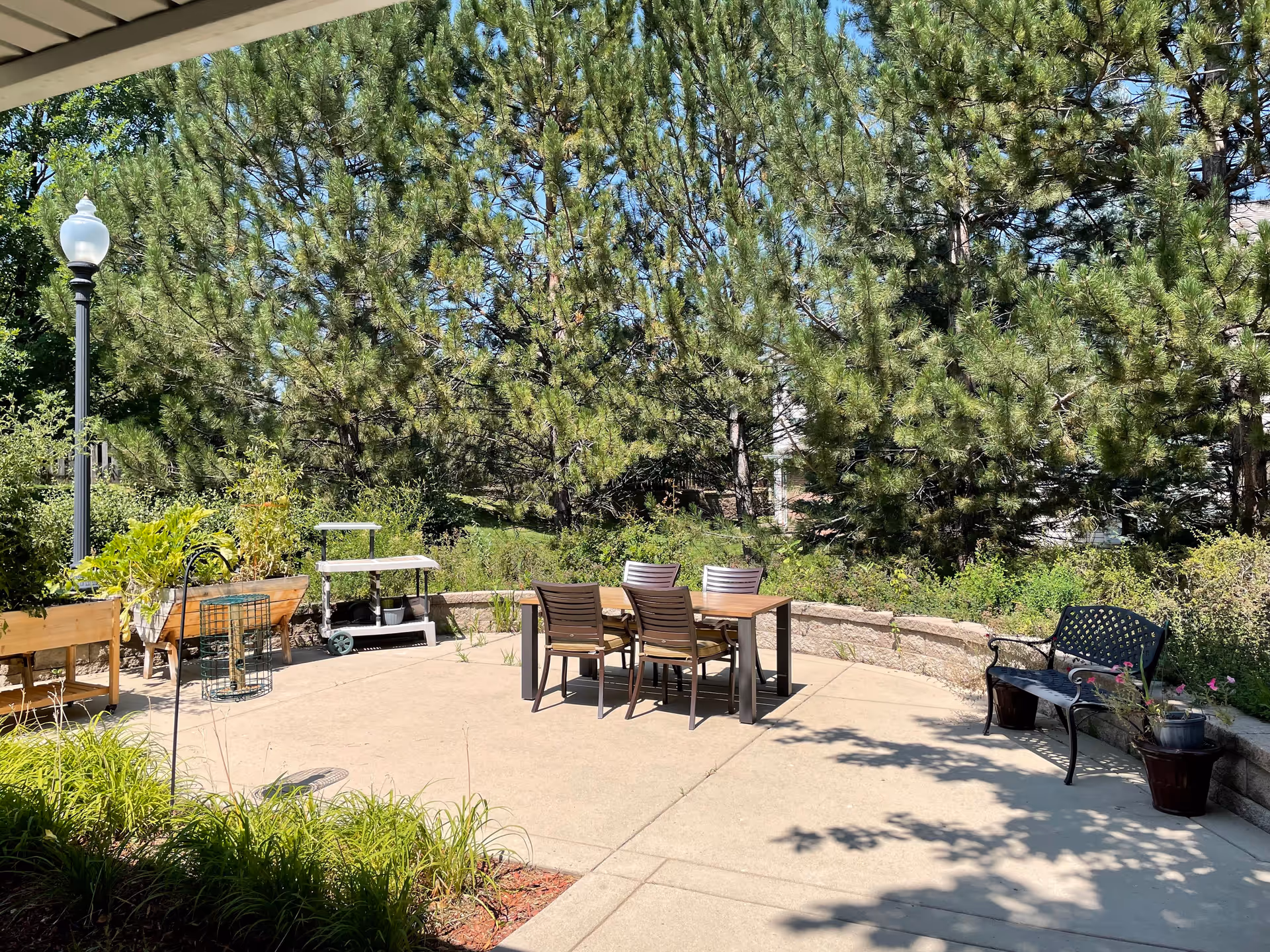 Outdoor patio area with a table and four chairs, a black metal bench, potted plants, raised garden beds, and tall pine trees in the background under a clear blue sky.