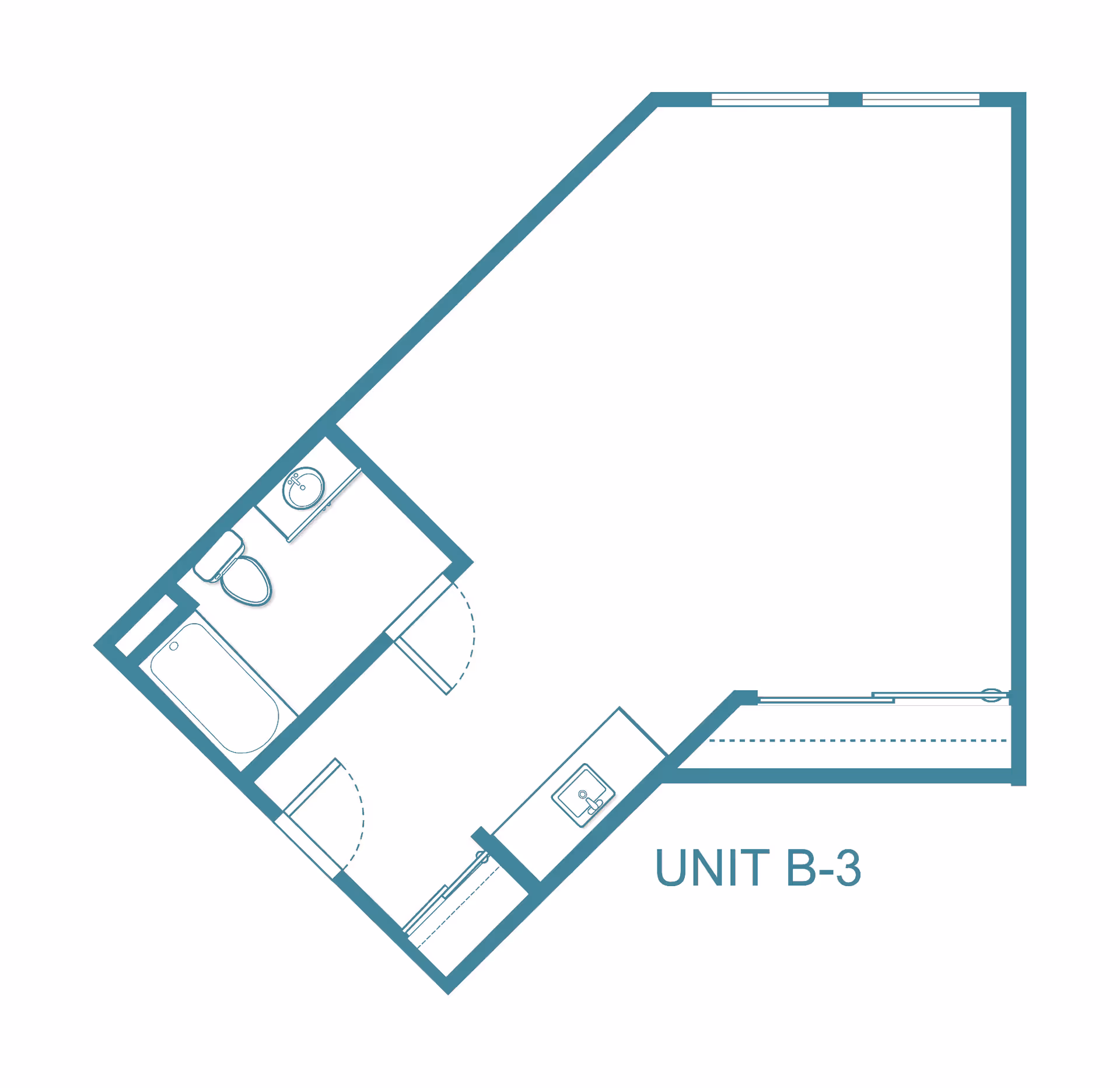 Floor plan layout of Unit B-3 at Arlington Plaza - Sky Active Living, showing a bathroom with a bathtub, toilet, and sink, an entry area, and a larger open living space with a kitchenette sink.