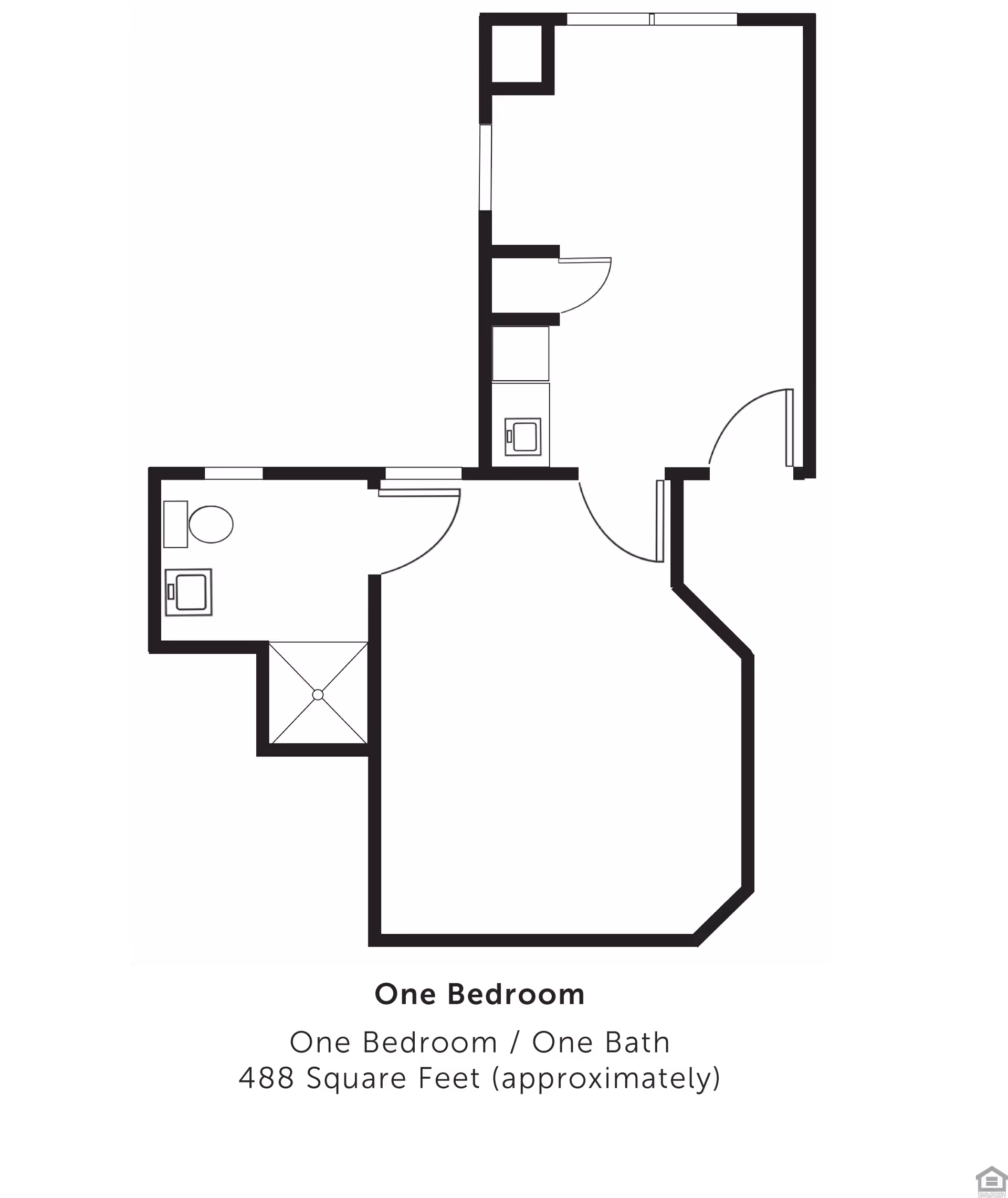 Floor plan of a one-bedroom, one-bath apartment with approximately 488 square feet. The layout shows a bedroom, bathroom with toilet and shower, and a kitchen area.