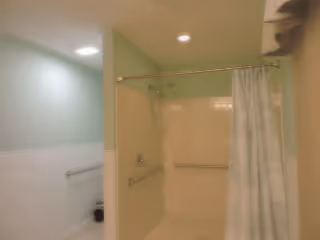 A bathroom with a shower area featuring a shower curtain, grab bars, and a handheld showerhead. The walls are painted light green and white, and there is a toilet partially visible in the background.