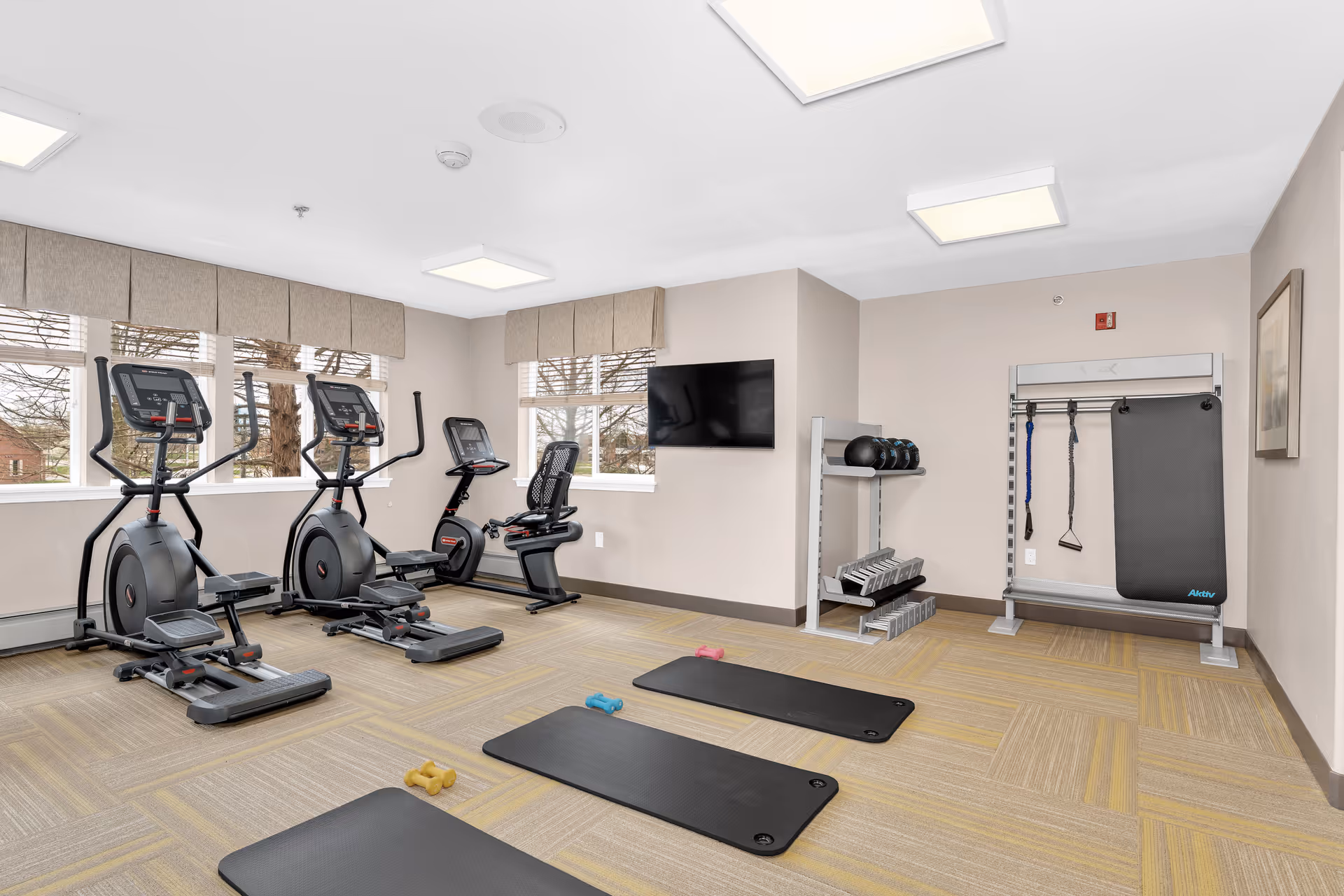 Small fitness room with ellipticals, a recumbent bike, exercise mats, dumbbells and a wall-mounted TV.