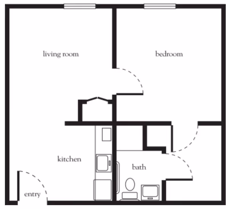 Floor plan layout showing an entry leading into a kitchen, adjacent to a living room and a bedroom, with a bathroom located between the kitchen and bedroom.