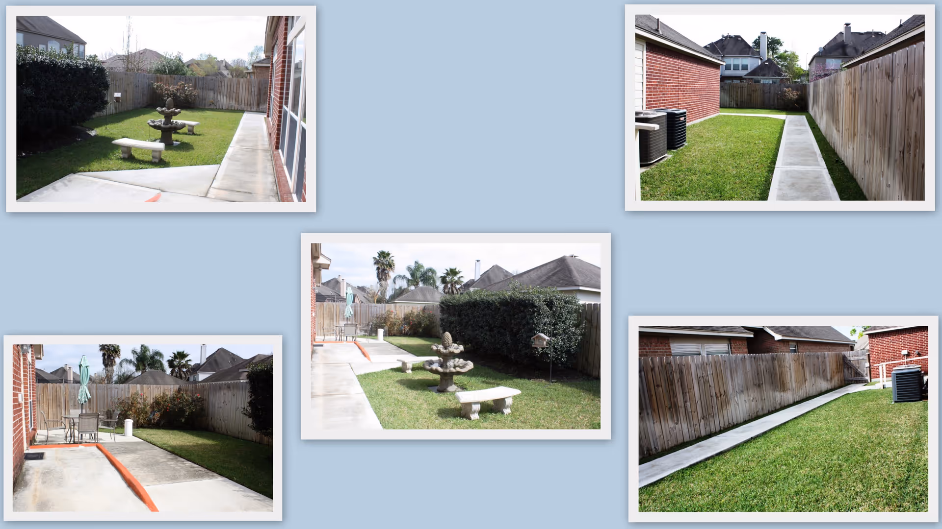 Collage of five images showing different views of a fenced backyard area with green grass, concrete walkways, a stone fountain, stone benches, patio furniture with an umbrella, and air conditioning units next to a brick building.