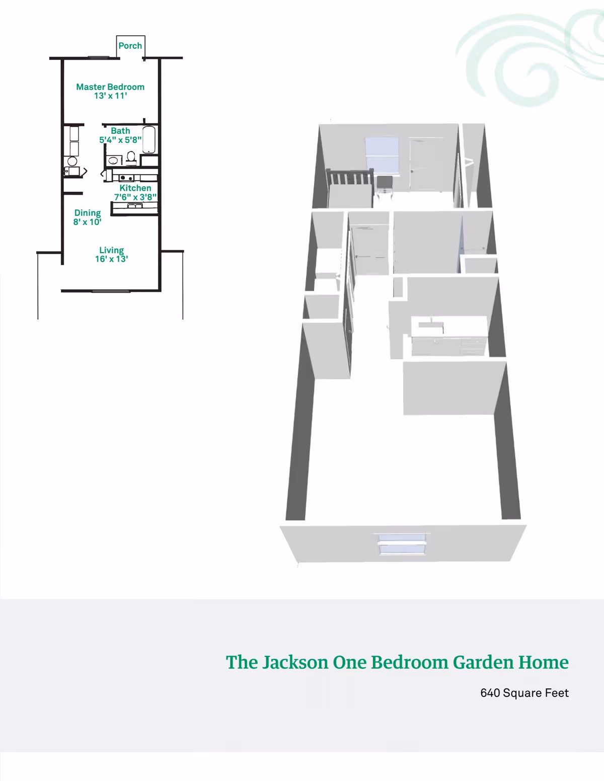 Floor plan and 3D layout of The Jackson One Bedroom Garden Home at Beech Grove Meadows, showing a master bedroom, bath, kitchen, dining area, living room, and porch with dimensions.