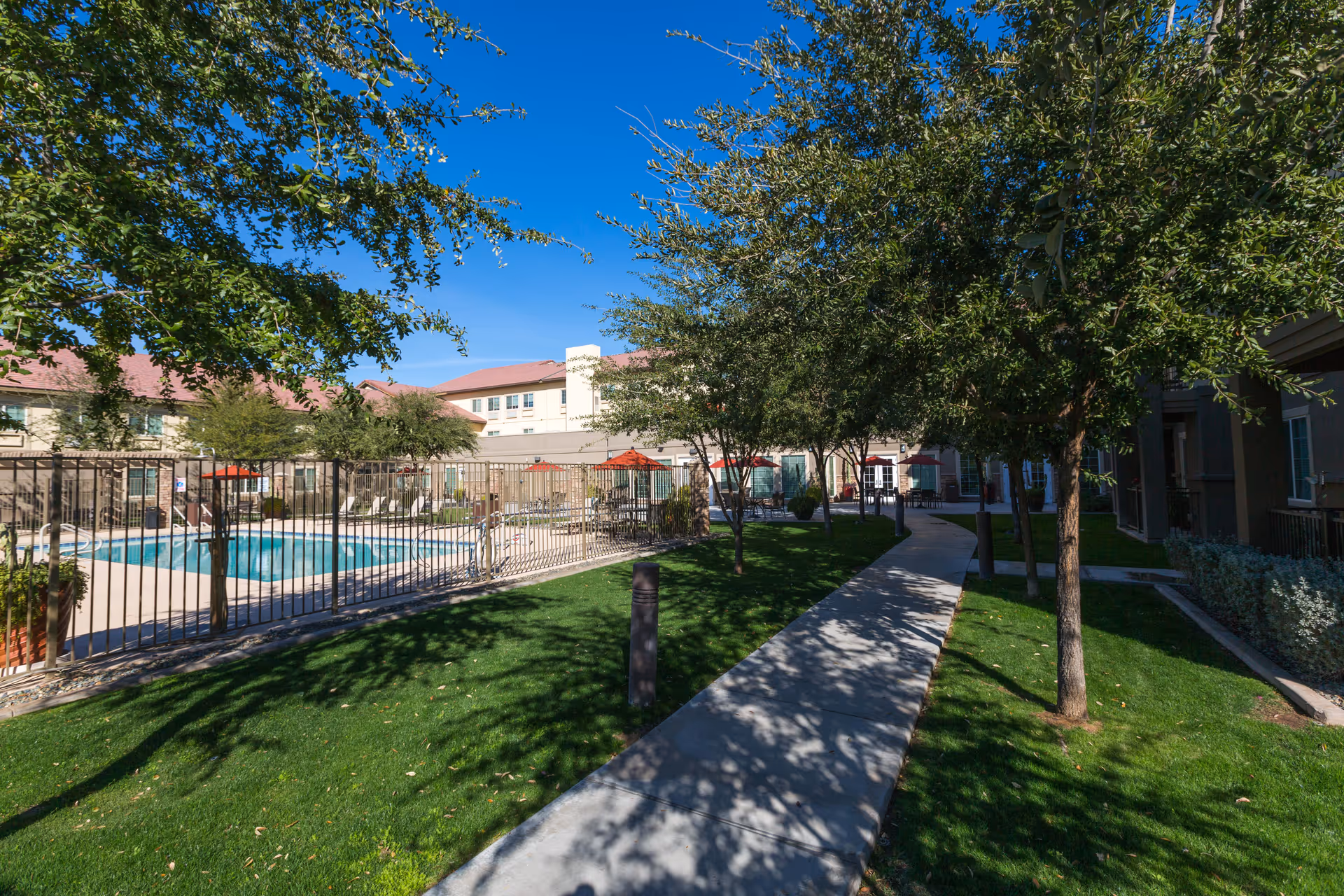 Outdoor area of Mountain Park Senior Living with a fenced swimming pool, green grass, trees, and a paved walkway under a clear blue sky.