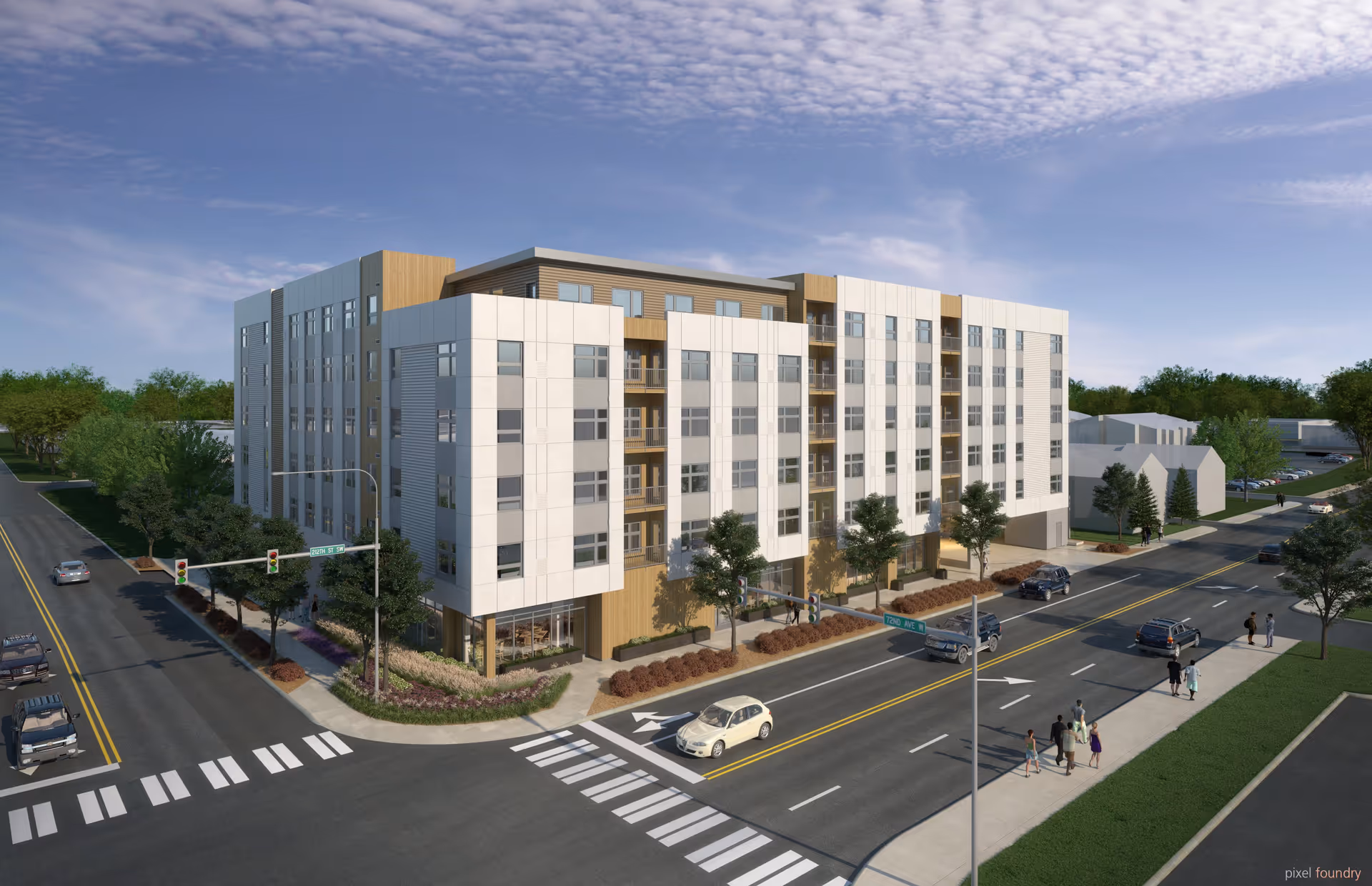 A modern multi-story senior living facility building at the corner of two streets with cars on the road and people walking on the sidewalks. The building features large windows, balconies, and a mix of white and wood panel exterior. Trees and landscaping surround the building under a partly cloudy sky.