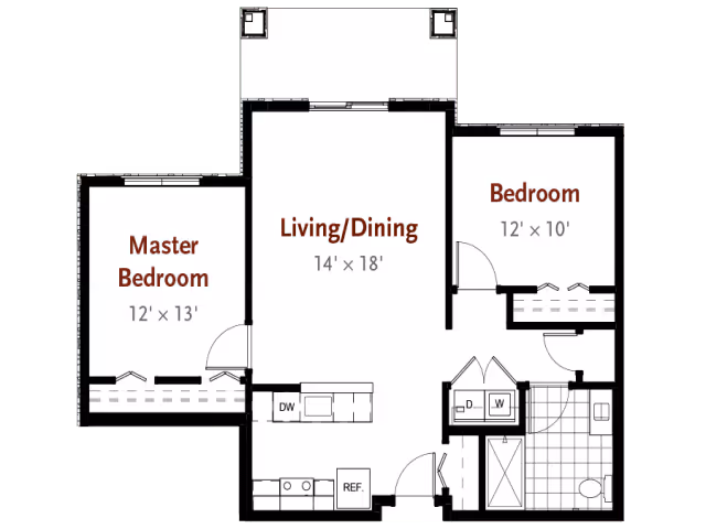 Floor plan of a residential unit showing a master bedroom measuring 12 by 13 feet, a second bedroom measuring 12 by 10 feet, a combined living and dining area measuring 14 by 18 feet, a kitchen area with dishwasher and refrigerator, a bathroom, and a laundry area with washer and dryer.