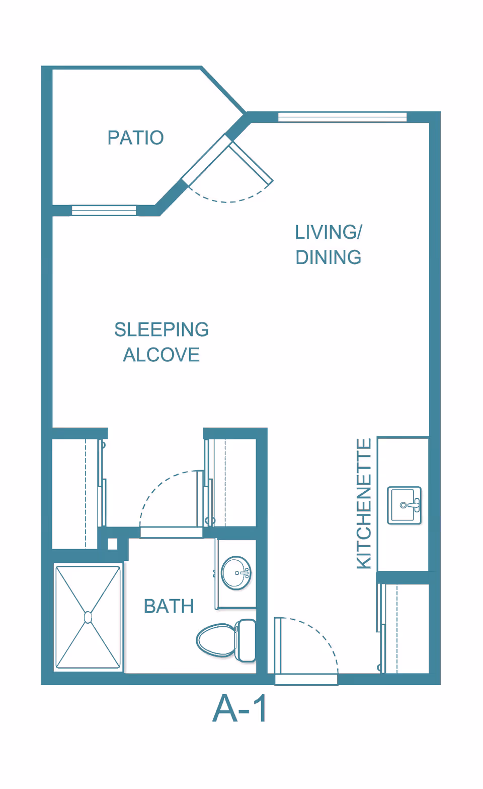 Floor plan of a studio apartment labeled A-1 at Holiday Rock Creek, showing a patio, living/dining area, sleeping alcove, kitchenette, and bathroom with a shower, toilet, and sink.