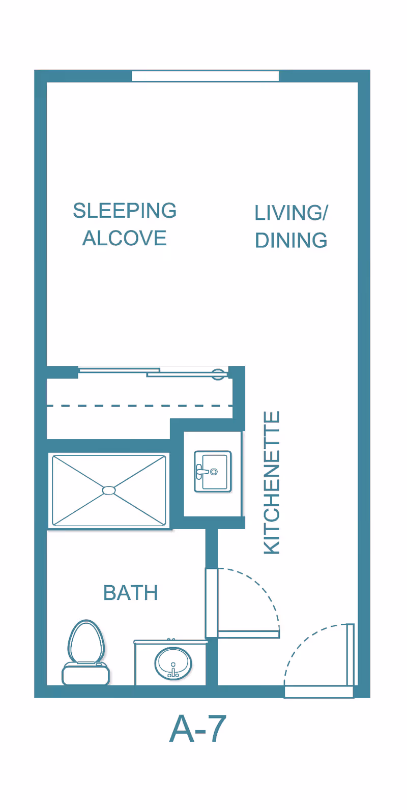 Floor plan layout of a small living space labeled A-7, showing a sleeping alcove, living/dining area, kitchenette, and a bathroom with a toilet and sink.