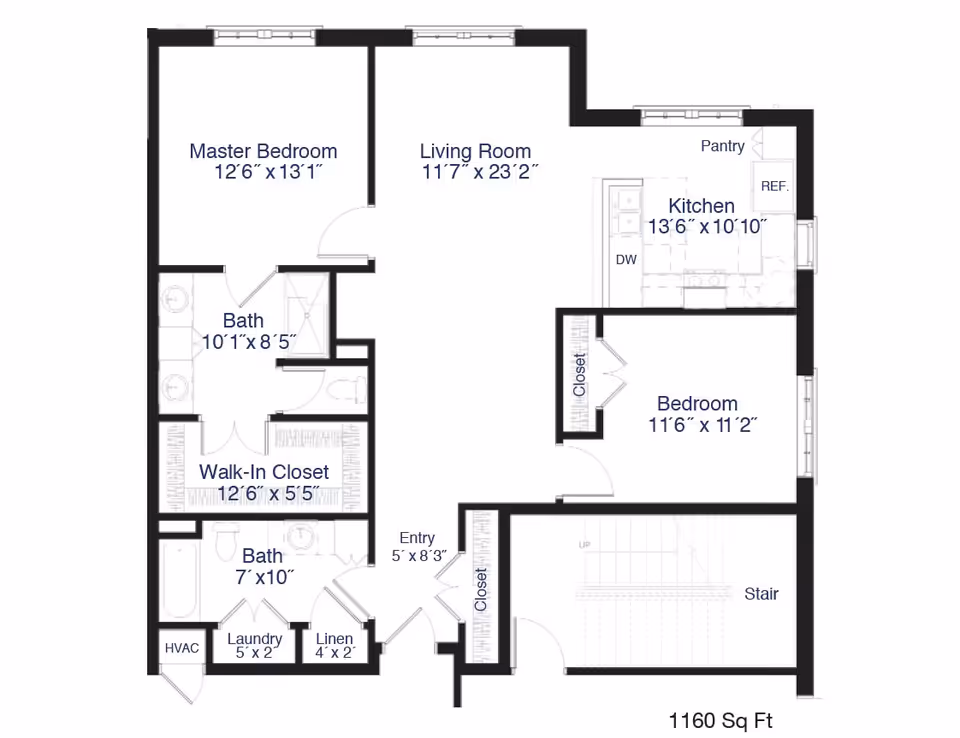 Floor plan of a residential unit at Buckner Calder Woods showing a master bedroom, living room, kitchen, second bedroom, two bathrooms, walk-in closet, laundry, linen closet, entry, and stair area. The total area is 1160 square feet.
