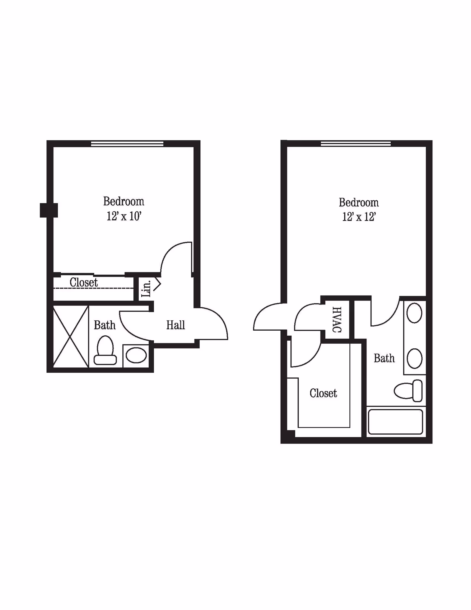 Floor plan showing two bedroom layouts. The first layout has a 12 by 10 feet bedroom with a closet, linen closet, hall, and bathroom with a shower, toilet, and sink. The second layout has a 12 by 12 feet bedroom with a closet, HVAC area, and bathroom with a bathtub, toilet, and double sink.