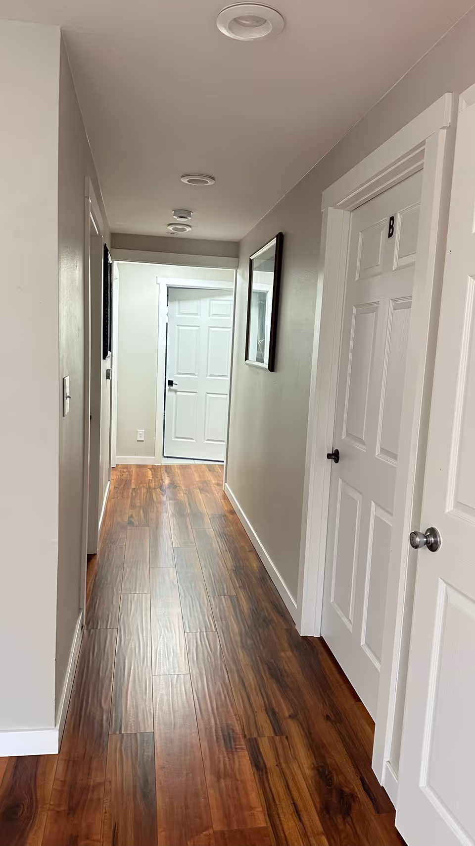 Narrow interior hallway with wood-look flooring, white paneled doors (one labeled 'B'), recessed ceiling lights, and a framed picture on a light-colored wall.