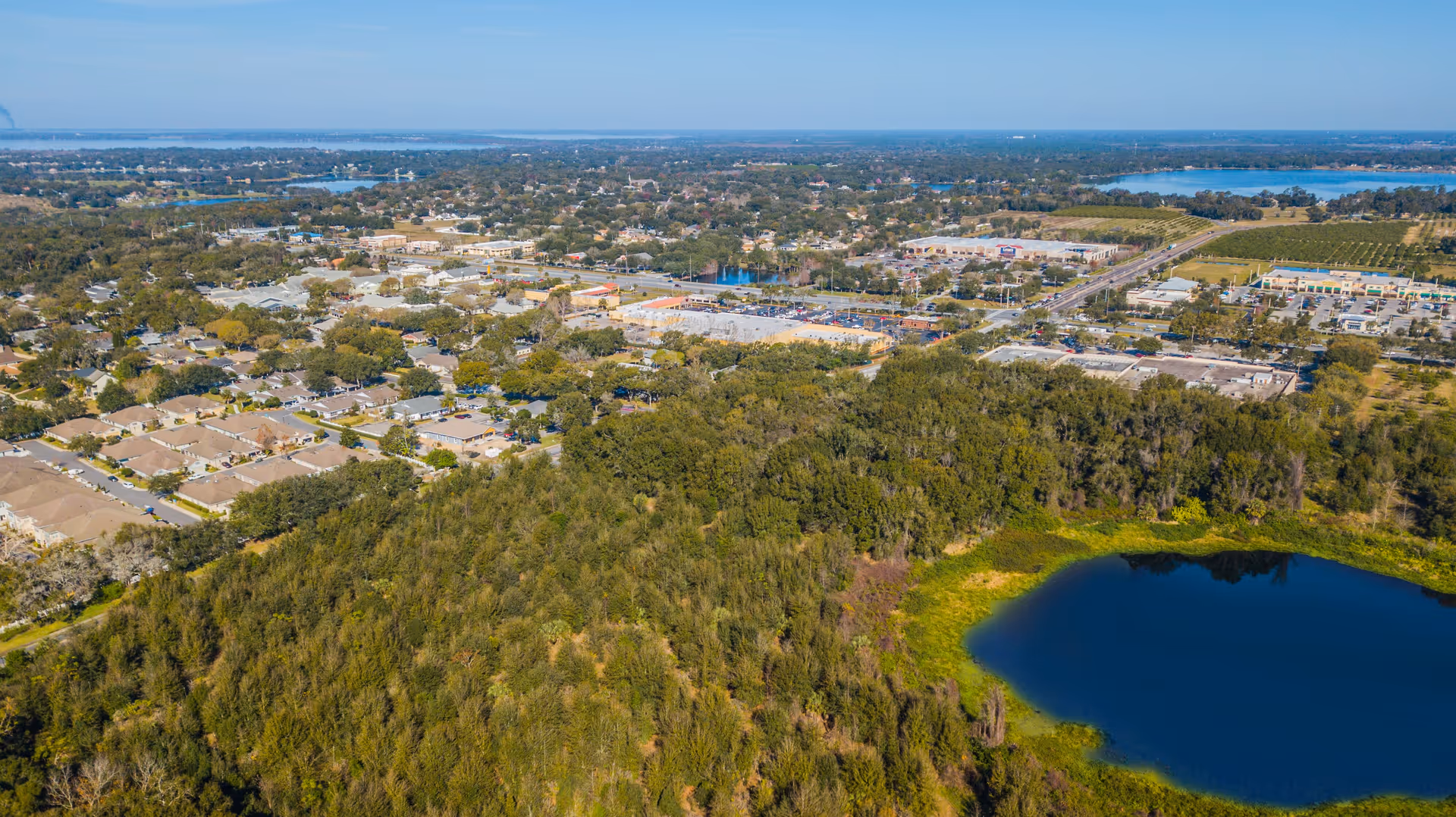 Aerial view of a suburban area with dense trees and a small lake in the foreground, residential houses to the left, commercial buildings and roads in the middle, and a large body of water in the background under a clear sky.