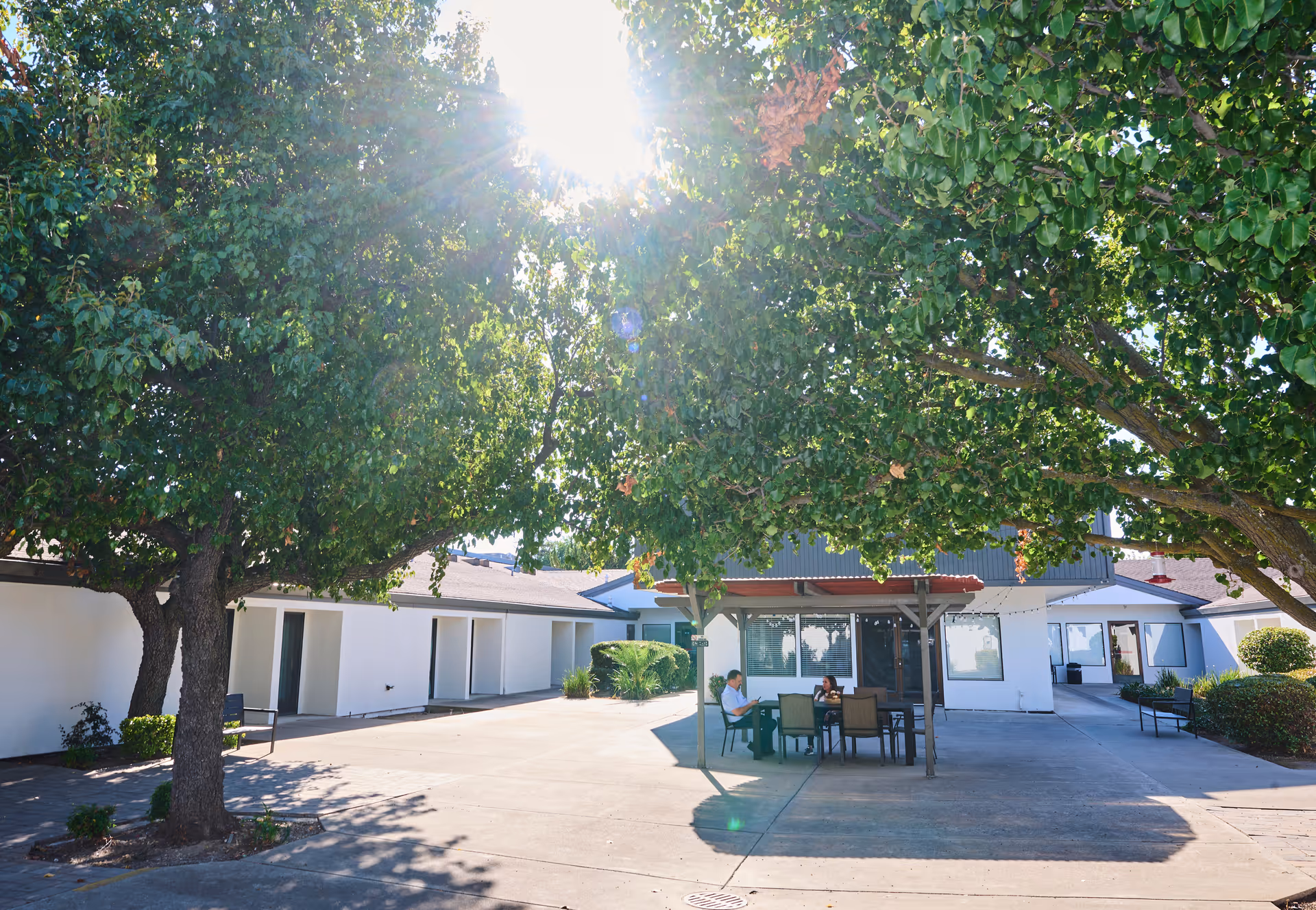 Sunny courtyard at a rehabilitation and nursing center with large shade trees, a covered patio and people seated at a table.