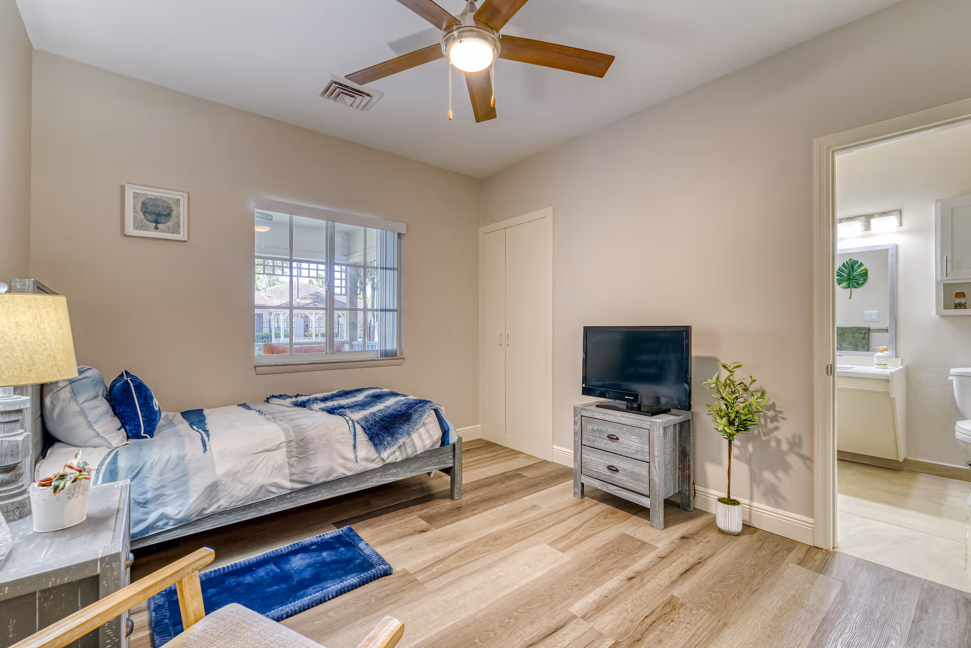 Bright furnished bedroom with a single bed, TV on a dresser, ceiling fan, window, and an open door to a bathroom.
