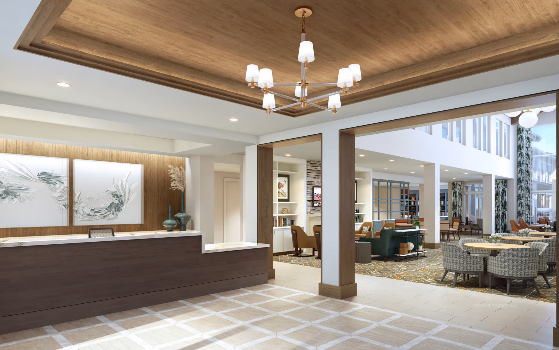 A spacious and modern senior living facility lobby with a wooden reception desk, decorative vases, and abstract wall art. The ceiling features a wooden inset with a contemporary chandelier. Beyond the reception area is a large common area with multiple seating arrangements including round tables with chairs and lounge chairs, large windows, and tall white columns.