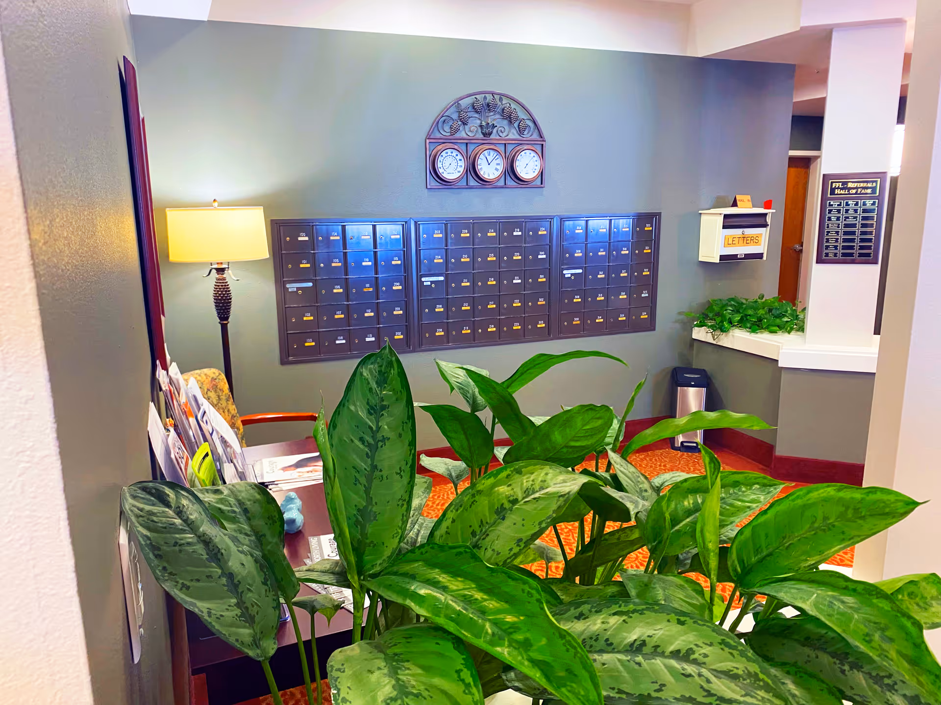 Interior view of a senior living facility mailroom area with multiple mailboxes mounted on a gray wall, a decorative clock above them, a lamp on a side table with magazines and brochures, a leafy green plant in the foreground, and a small white mailbox labeled 'LETTERS' on the right wall.