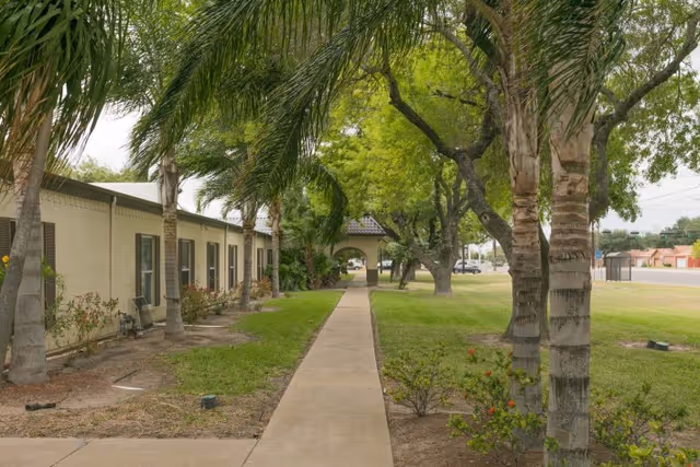 A concrete walkway lined with palm trees runs beside a single-story building toward an arched entrance in a grassy outdoor area.