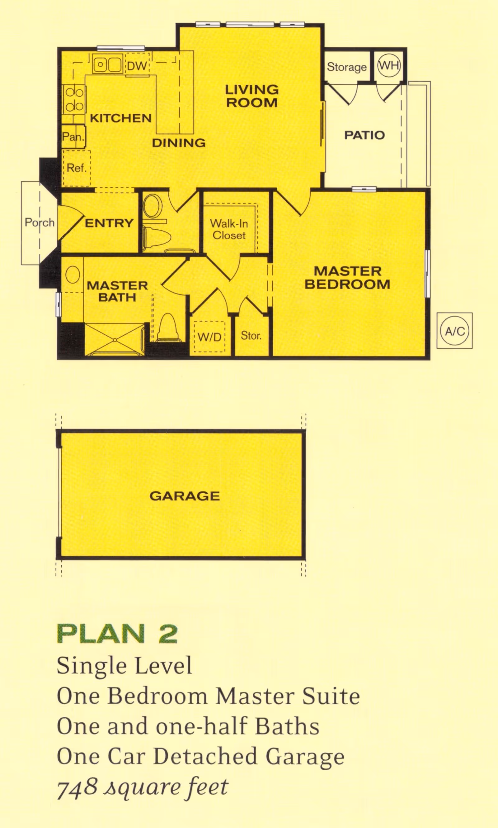 Floor plan of a single level one-bedroom master suite with one and one-half baths and a one-car detached garage. The layout includes a kitchen, dining area, living room, master bedroom with walk-in closet, master bath, entry, patio with storage and water heater, washer/dryer area, and a detached garage.