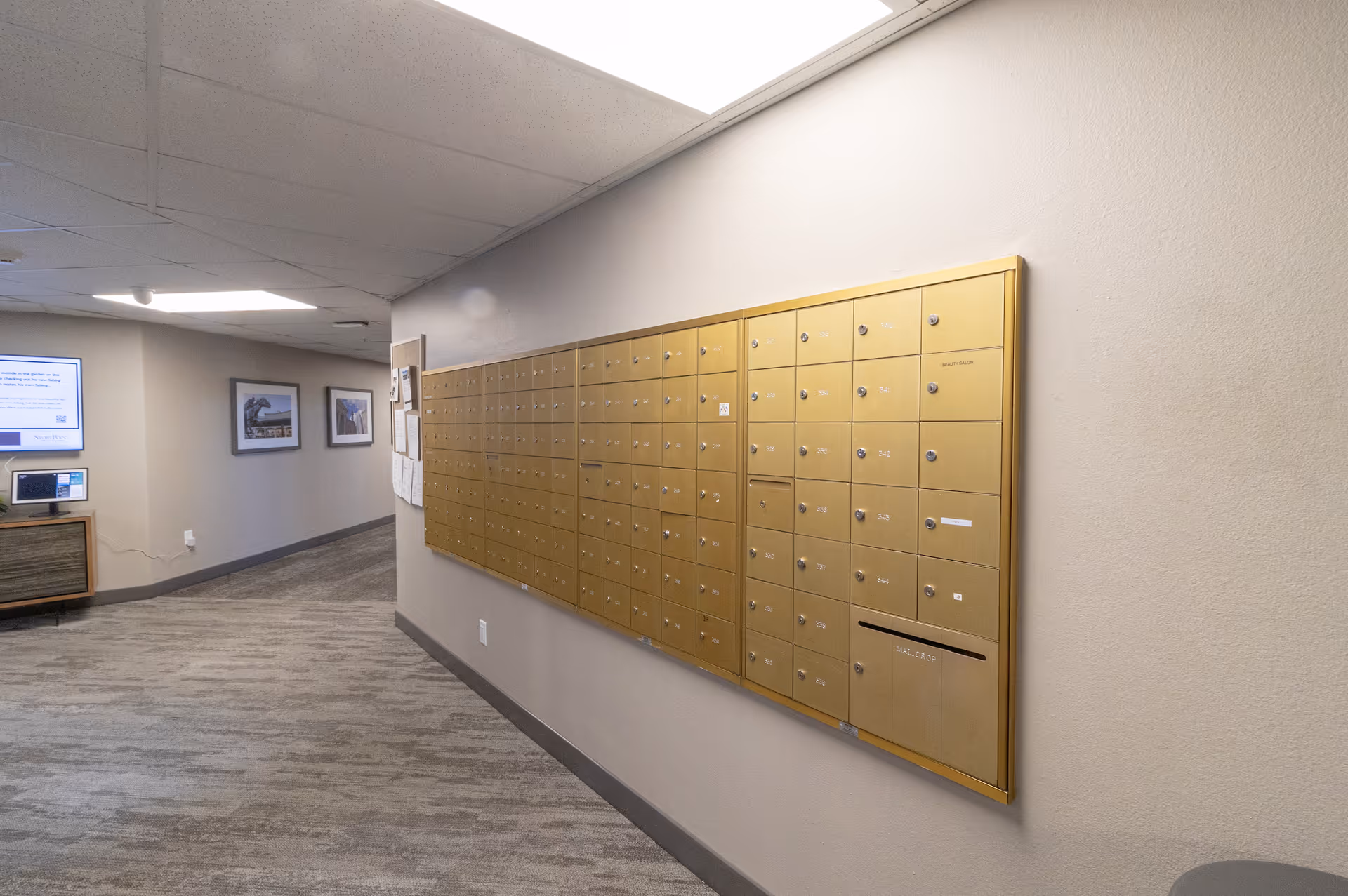 Interior hallway with a large wall-mounted bank of gold-colored mailboxes on the right side. The hallway has light-colored walls and carpeted flooring. On the left side, there is a small wooden cabinet with a digital device on top, and framed pictures hanging on the wall further down the hall.