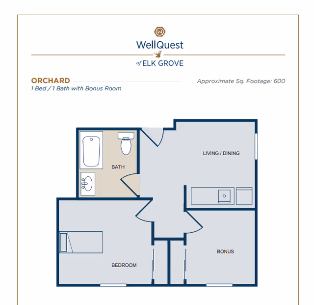 Floor plan of the Orchard unit at WellQuest of Elk Grove showing 1 bedroom, 1 bathroom, a bonus room, and a combined living and dining area with approximate square footage of 600.