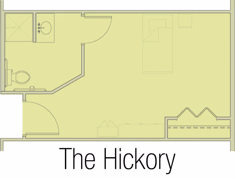 Floor plan labeled "The Hickory" showing a studio-style room with a bathroom, bed, closet and entry door.