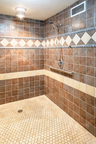 Walk-in tiled shower with a handheld showerhead, horizontal grab bar, and hexagonal floor tiles.