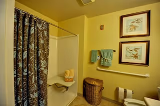 Bathroom with a shower area featuring a brown and blue floral shower curtain, a built-in shower seat with folded towels, a wicker laundry basket, two framed floral pictures on the wall, a towel rack with green towels, and a toilet with a toilet paper holder.