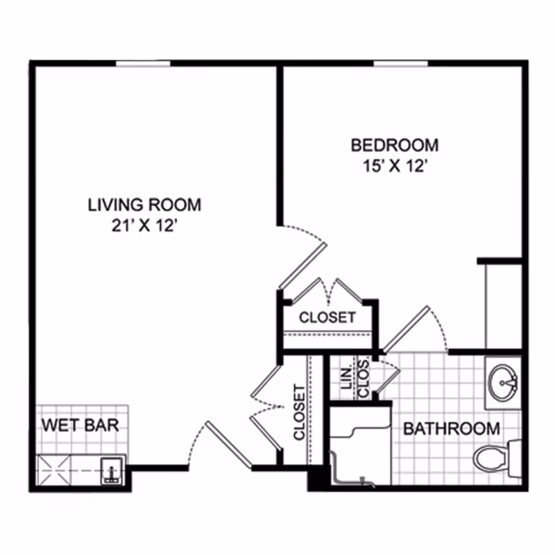 Floor plan of a one-bedroom apartment showing a living room measuring 21 by 12 feet, a bedroom measuring 15 by 12 feet, a bathroom, a wet bar, and multiple closets including a linen closet.