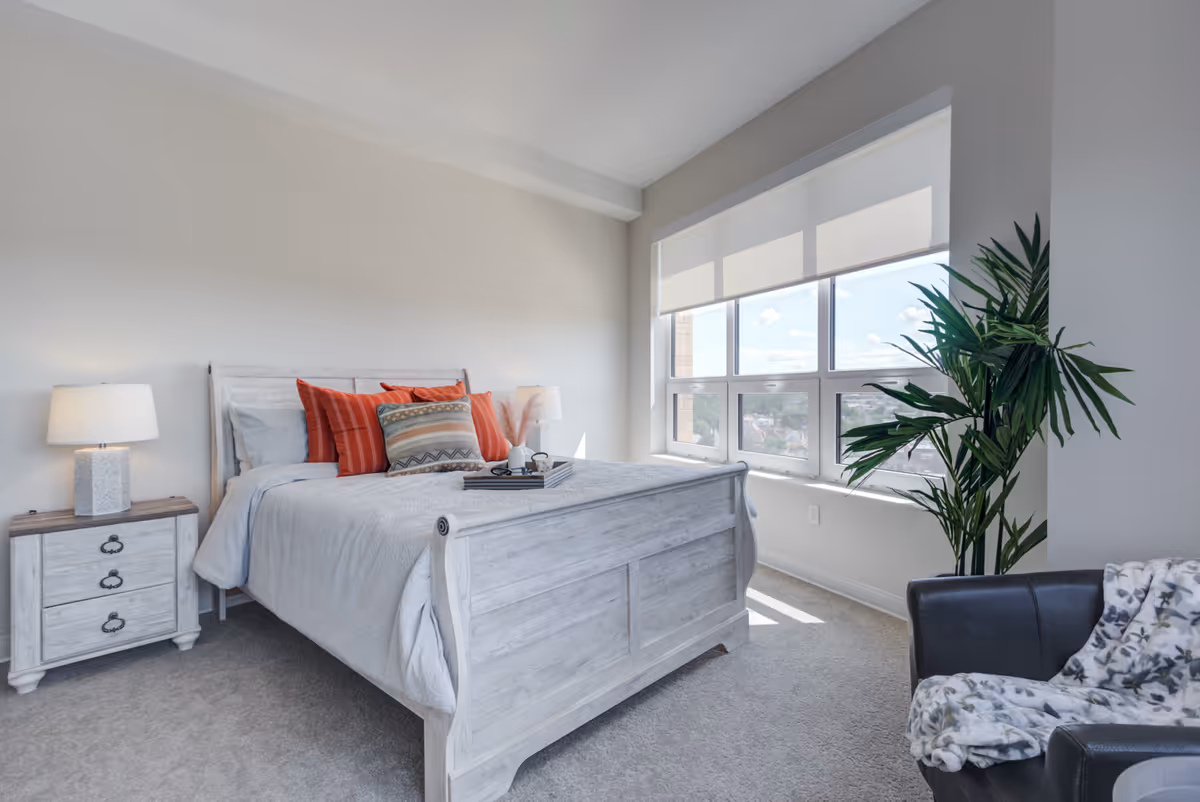 Bright bedroom with a white wooden bed dressed with pillows, a bedside table and lamp, large windows with blinds, and a potted plant.