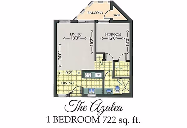Floor plan of The Azalea, a 1 bedroom apartment with 722 square feet, showing a living room, bedroom, dining area, kitchen, bathroom, balcony, and storage space.