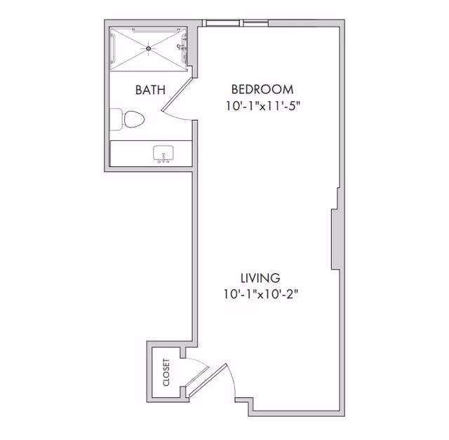 Architectural floor plan of a living space at Clearwater at The Heights, showing a bedroom measuring 10 feet 1 inch by 11 feet 5 inches, a living area measuring 10 feet 1 inch by 10 feet 2 inches, a bathroom with a shower, toilet, and sink, and a closet near the entrance.