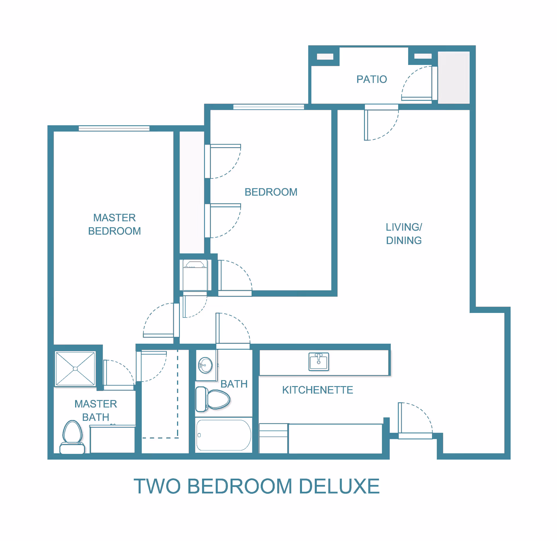 Floor plan layout of a two bedroom deluxe apartment featuring a master bedroom with an attached master bath, a second bedroom, a separate bath, a kitchenette, a combined living and dining area, and a patio.