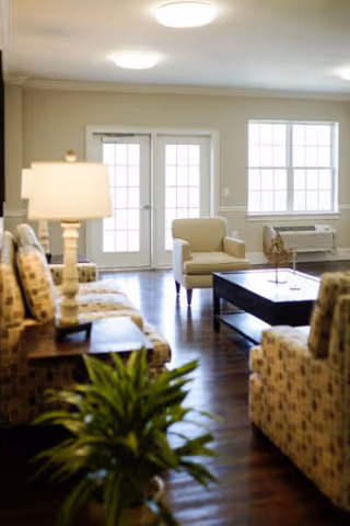 A bright living room with patterned armchairs and a beige armchair around a dark wooden coffee table. There is a table lamp on a side table, a green plant in the foreground, and large windows and glass doors letting in natural light.