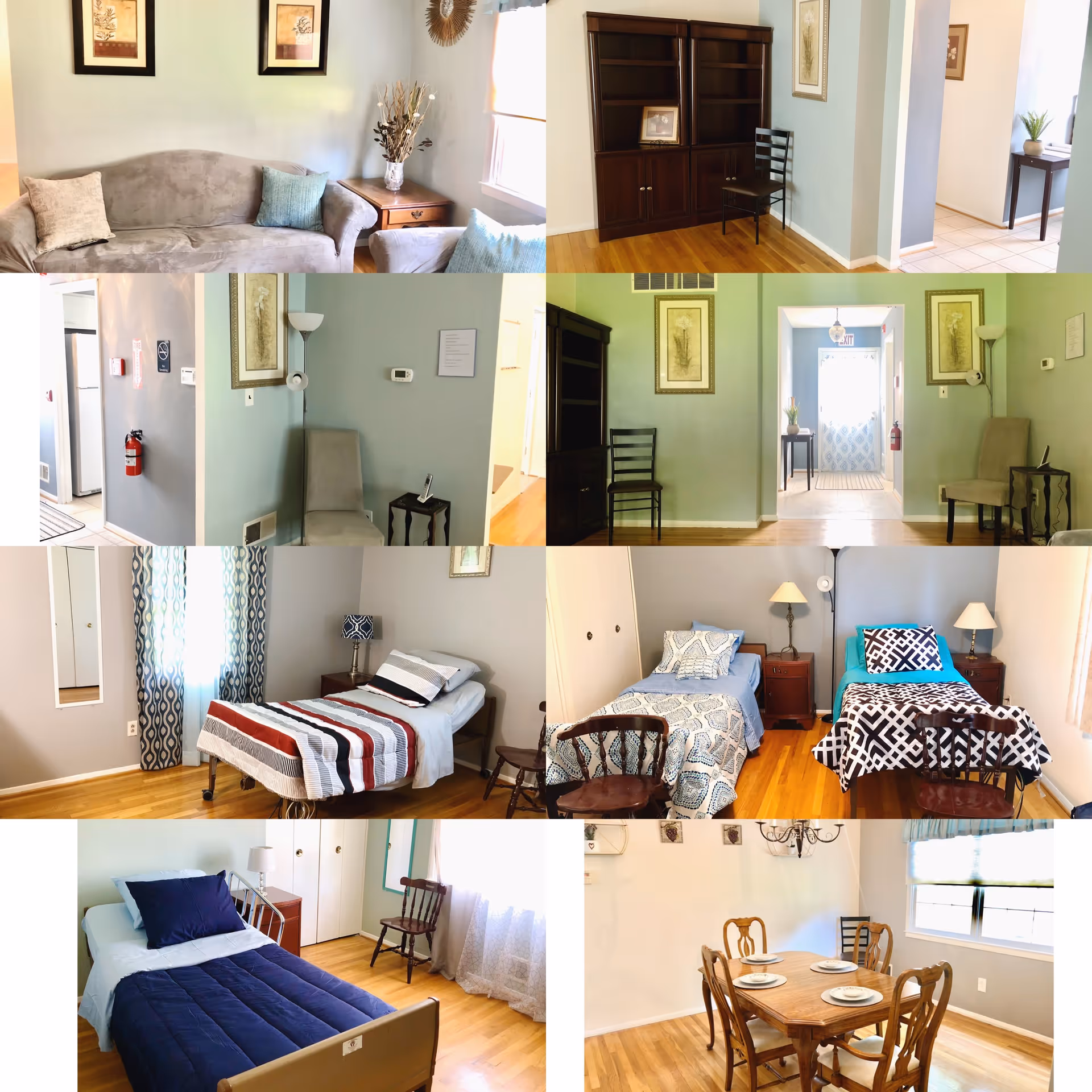 A collage of interior images from a senior living facility showing a living room with a couch and armchair, a corner with a chair and bookshelf, a hallway with chairs and framed artwork, three bedrooms each with single beds and bedside tables, and a dining room with a wooden table set with plates and chairs.