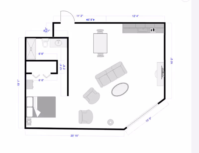 Architectural floor plan of a living space at Care Cardinal Byron Center showing a bedroom with a bed and nightstand, a bathroom with shower, toilet, and sink, and an open living area with a sofa, two chairs, coffee table, dining table with chairs, kitchen counter with sink and stove, and a TV stand. Dimensions of each section are marked around the perimeter.