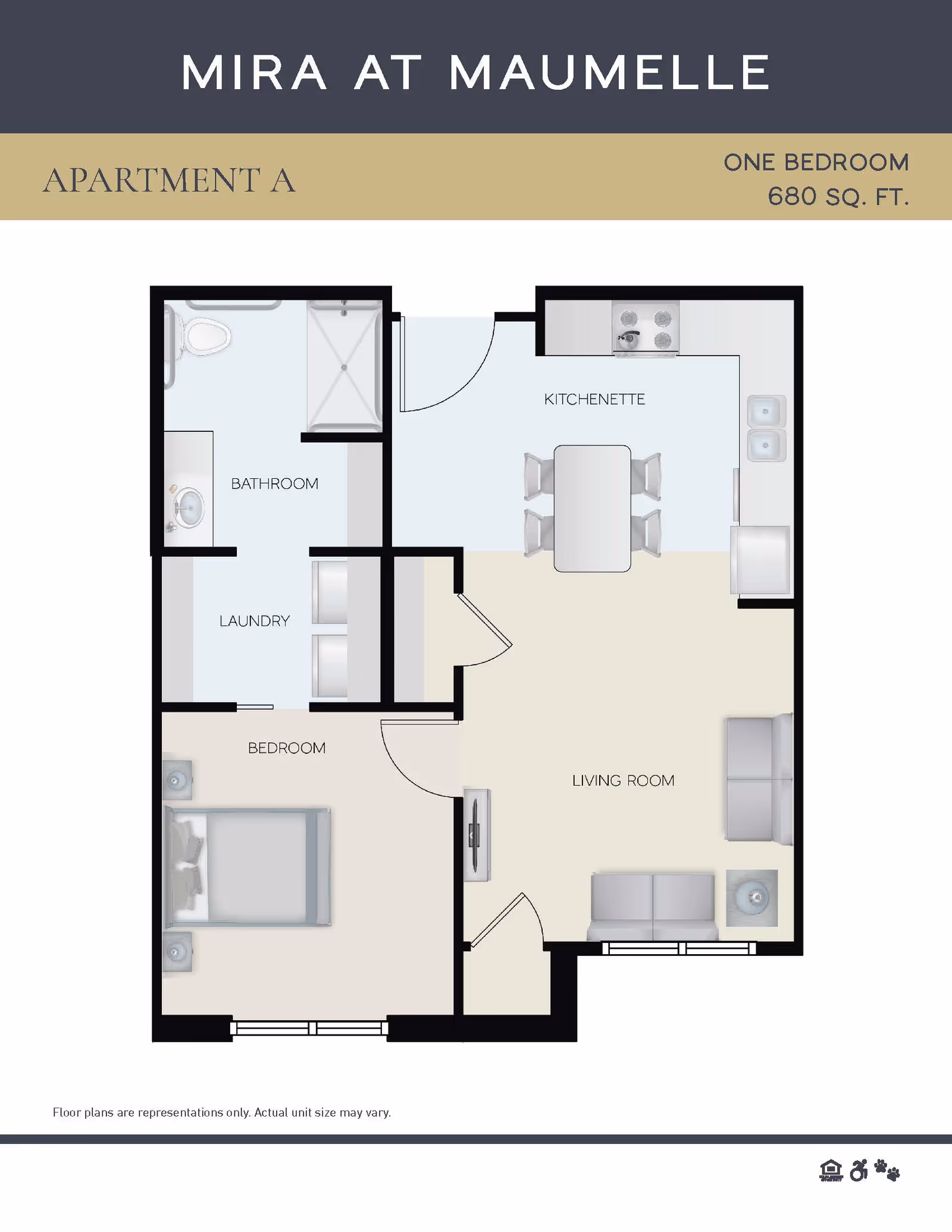 Floor plan of a one-bedroom apartment at Mira at Maumelle showing a bedroom, bathroom, laundry area, kitchenette with dining table and chairs, and living room with sofa and TV.