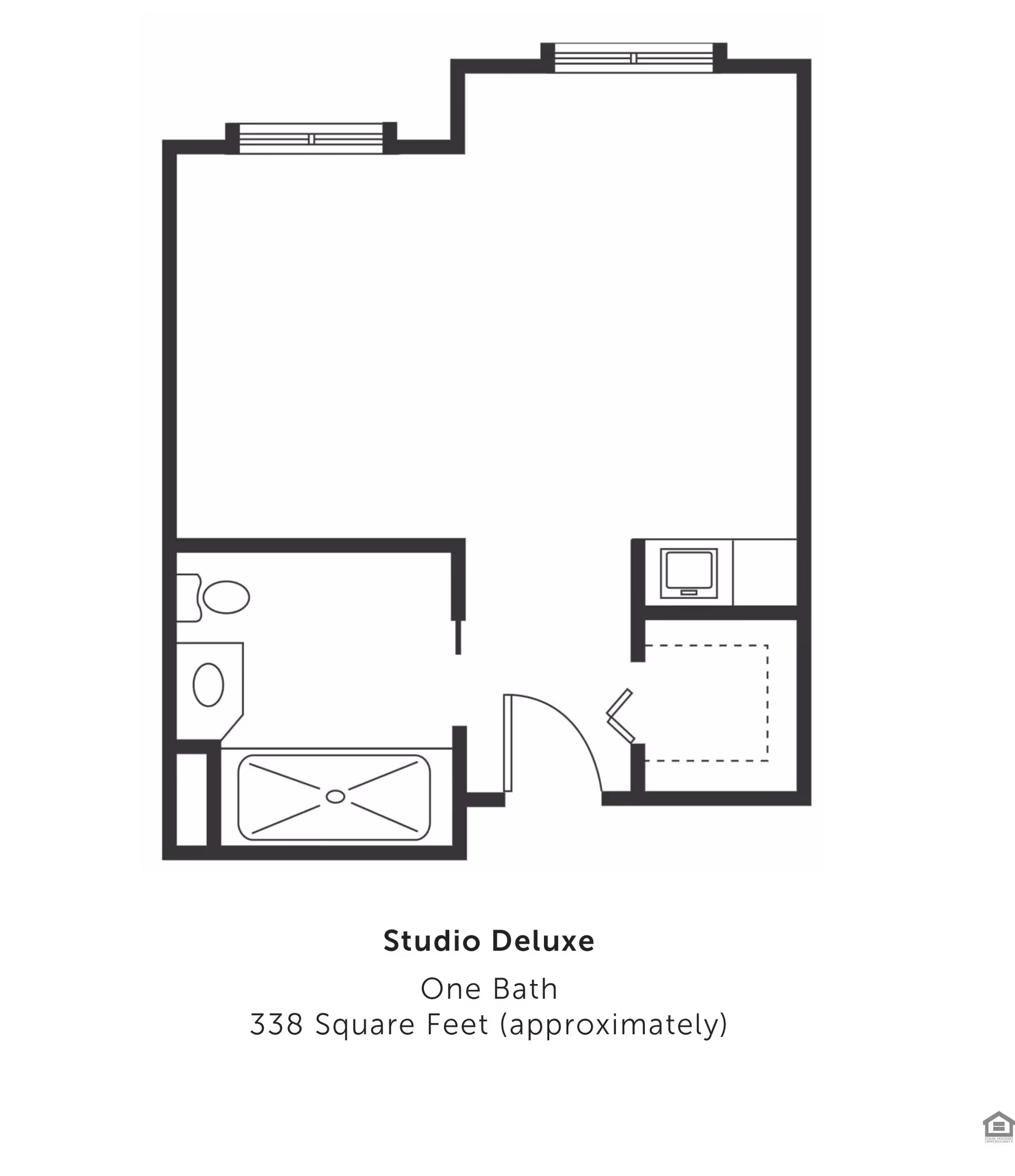 Black-and-white floor plan for a Studio Deluxe showing one bathroom, a kitchenette area, and a main living space.