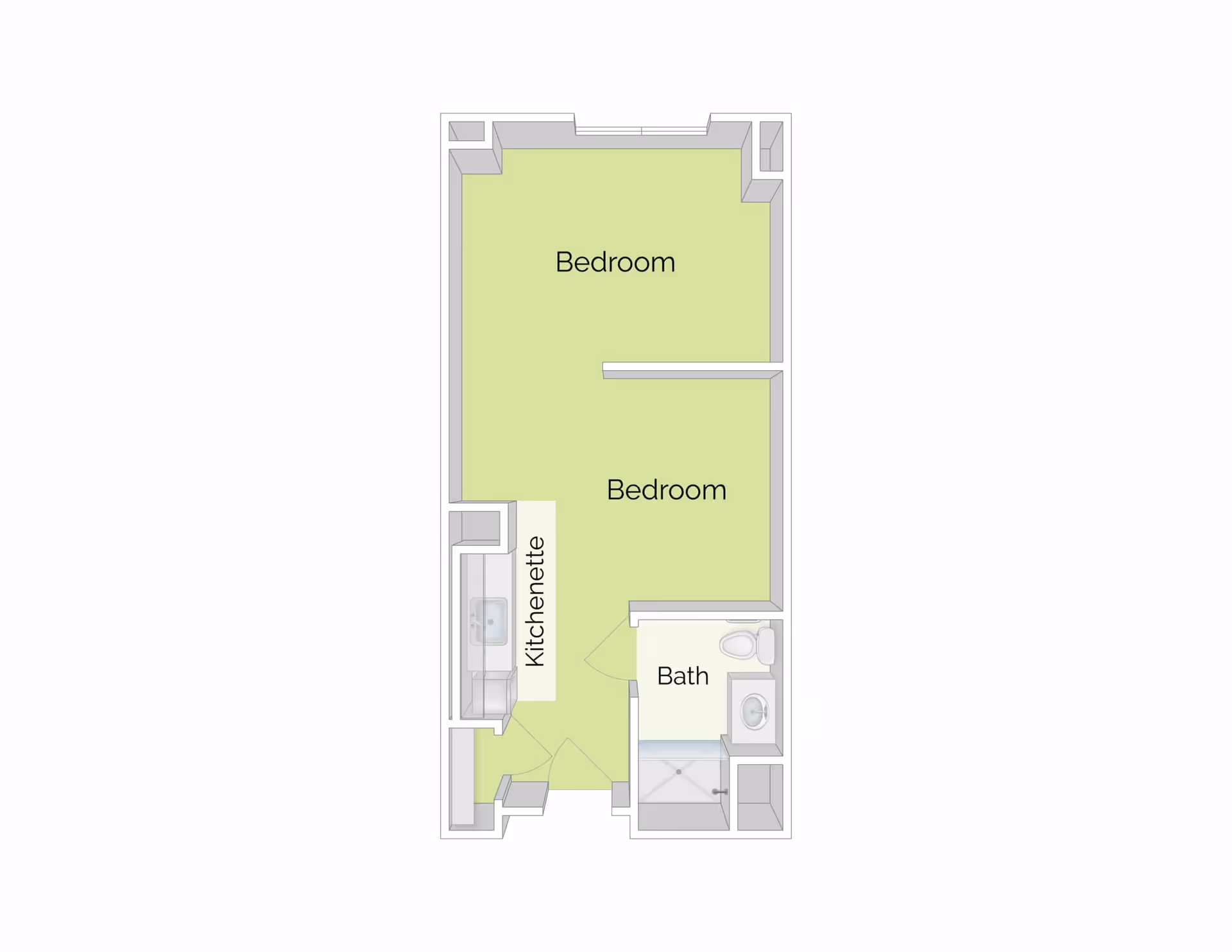 Floor plan of a living space at The Residence at Watertown Square showing two bedrooms, a kitchenette, and a bathroom with a shower, toilet, and sink.