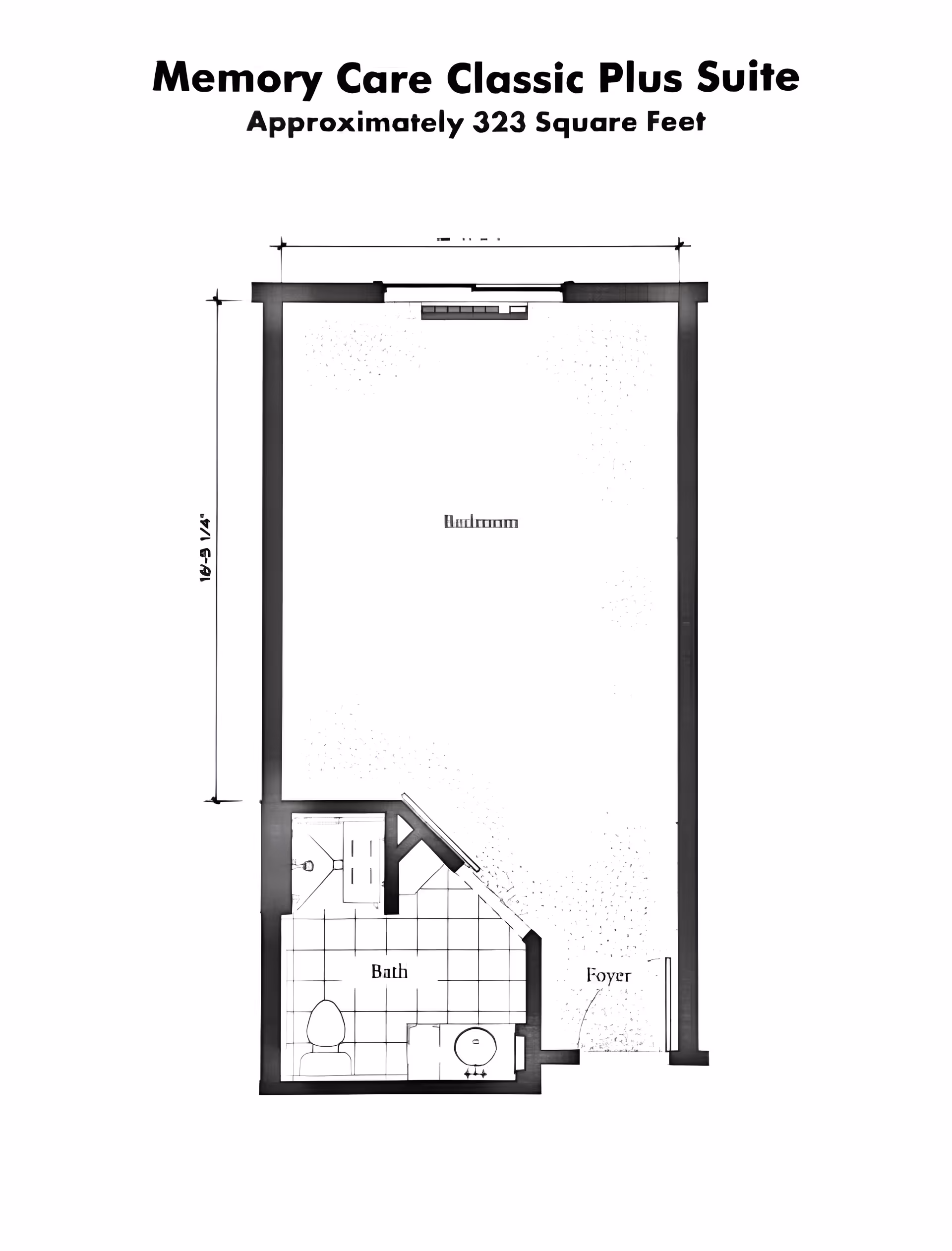 Floor plan of the Memory Care Classic Plus Suite at Thrive at Brow Wood, approximately 323 square feet, showing a bedroom area, a bath with toilet and sink, and a foyer.