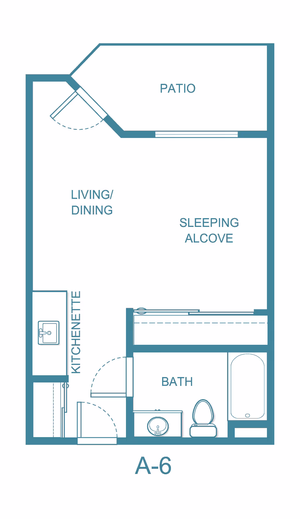Floor plan labeled A-6 showing a studio layout with a patio, living/dining area, sleeping alcove, kitchenette, and a bathroom with a sink, toilet, and bathtub.
