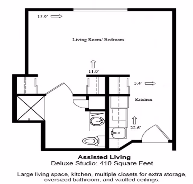 Floor plan of an assisted living deluxe studio apartment measuring 410 square feet, showing a combined living room and bedroom area, kitchen, bathroom with toilet and sink, and multiple closets for storage.